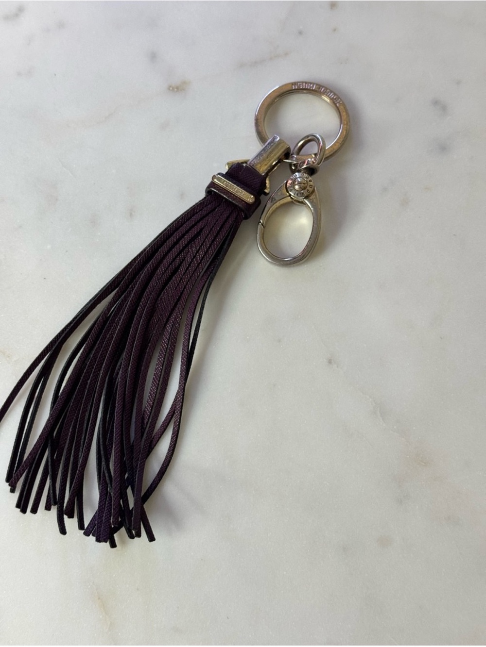 Henri Bendel Plum Leather Tassel Keychain with Silver Hardware